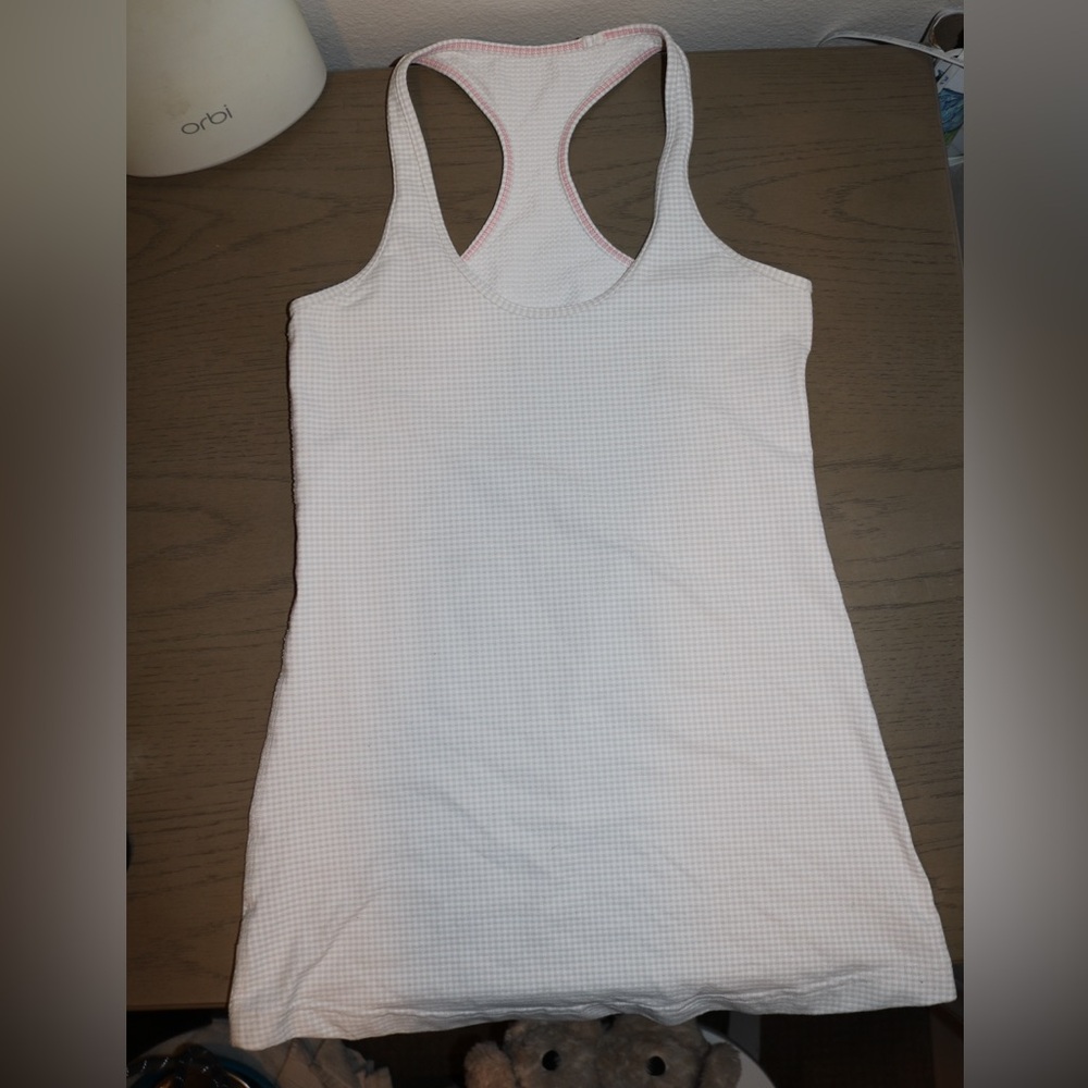 Lululemon Racerback Tan Checkerboard Print Top with Pink Stitching